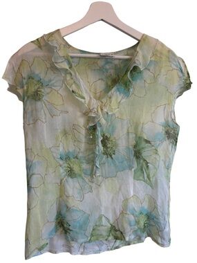 Cleo Floral Ruffle V-Neck Blouse - Sheer Light Blue & Green